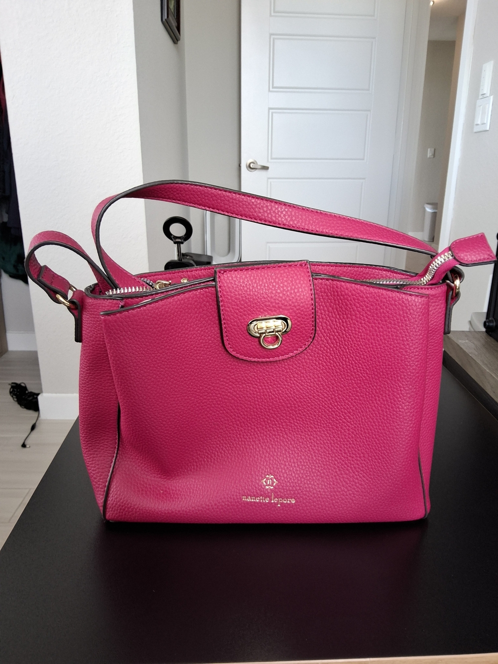 Nanette Lepore Hot Pink Pebbled Leather Shoulder Bag with Gold Hardware